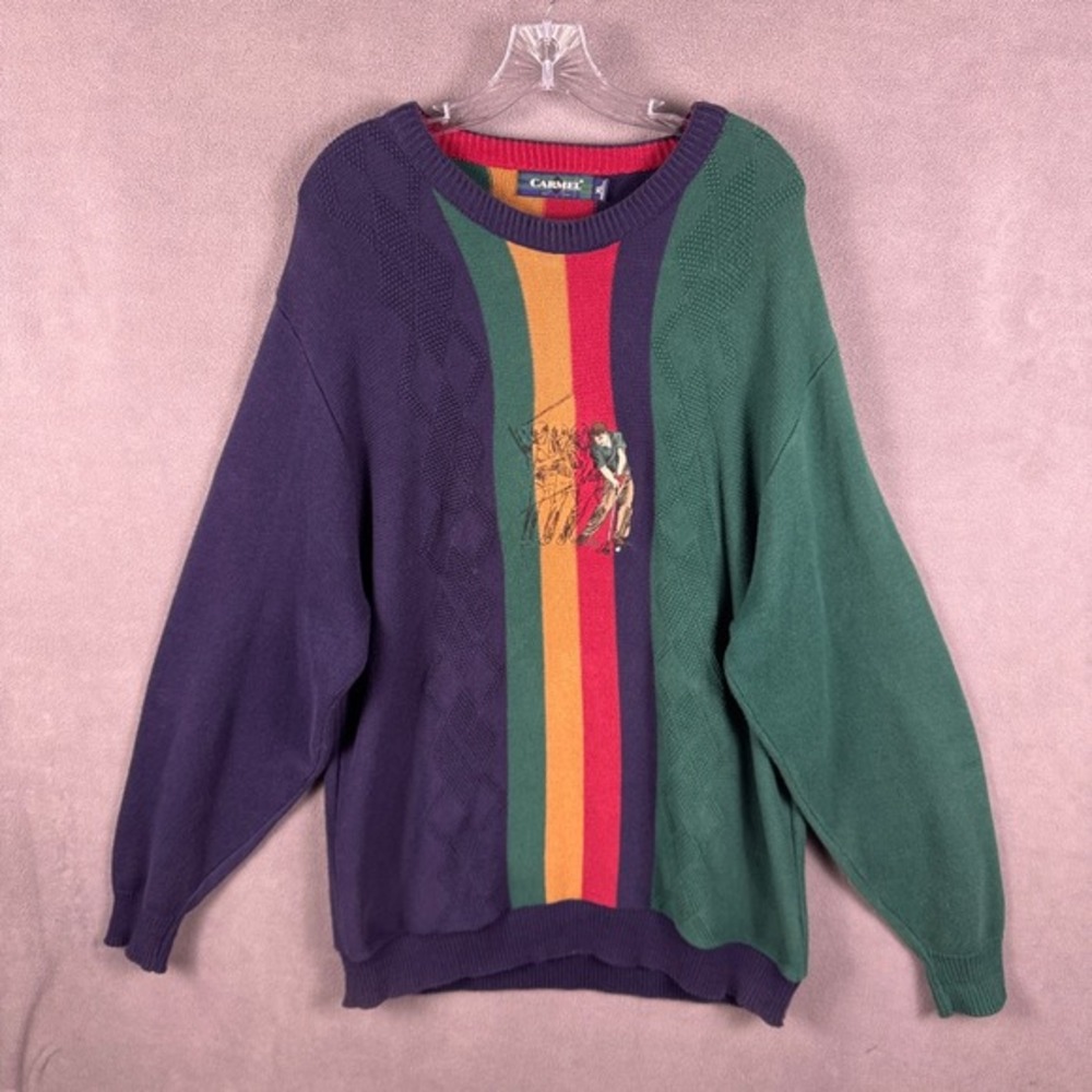 VTG Carmel Sweater Mens XL Colorblock Golf Grandpa Heavy Cable Knit USA Made 90s
